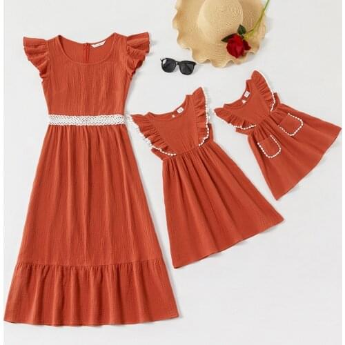 PatPat 2021 New Arrival Ruffle Shoulder Matching Cotton Dresses Family Look Childrens Clothing