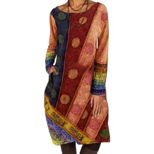 Plus Size Dresses Women Autumn Winter Long Sleeve Ethnic Print Patchwork Pockets Knee-length Dress Women женское платье
