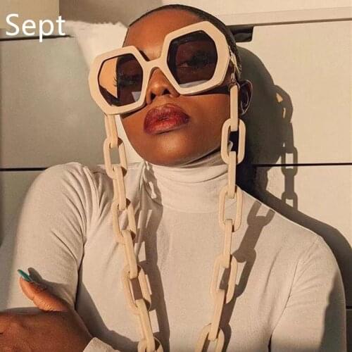 Oversized Sun Glasses With Chain Holder Hip Pop Punk Shades Eyewear Vintage Polygon Sunglasses Women Men Retro New Fashion