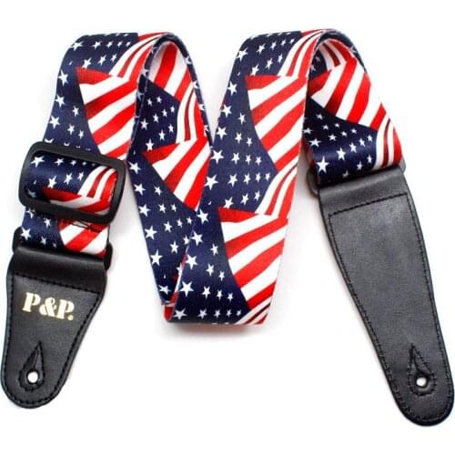 USA UK National Flag Design Guitar Strap Adjustable Bass Acoustic Electric Guitar Strap with Leather Ends Statue of Liberty
