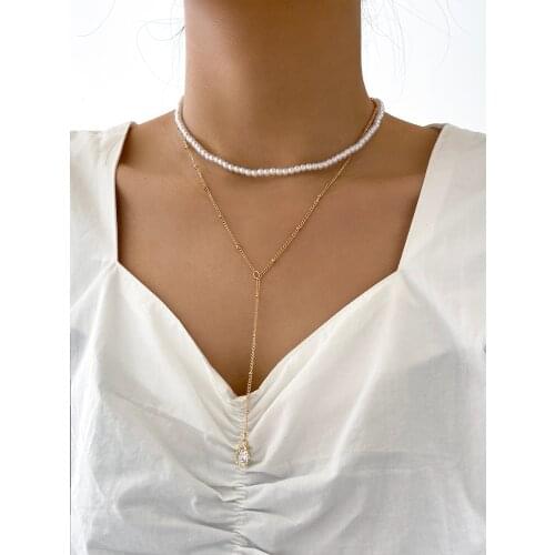 Stillgirl Double Layer Vintage Pearl Gold Chain Pendant Necklace for Women Kpop Crystal Drop Female Boho Fashion Choker Jewelry