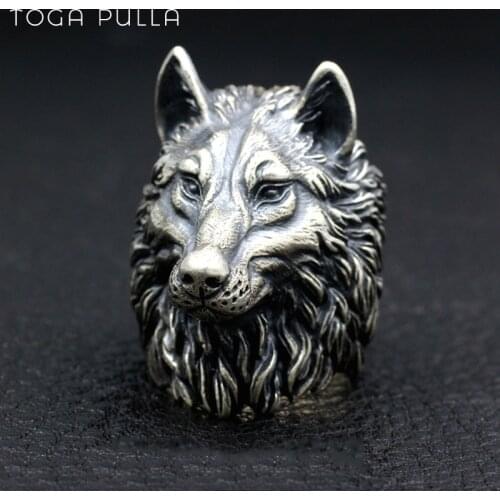 Unique Vintage Viking Nordic Wolf Head Ring Men Silver Color Stainless Steel Punk Rock Biker Ring Male Viking Amulet Jewelry