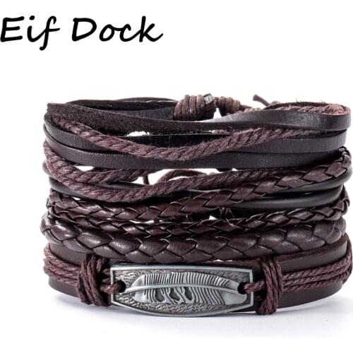 Handmade Vintage Multiple Layer Leather Bracelet Set for Men Women Charm Leaf Feather Wrap Bracelets Motorcycle Rider Gifts