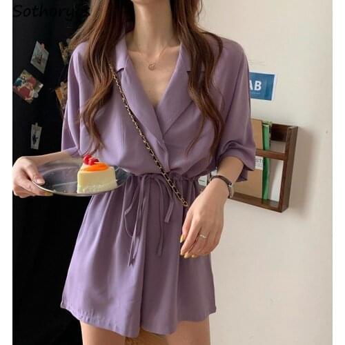 Women Rompers Solid Elegant Draped Notched Collar Retro Fashion Short Sleeve Plus Size S-5XL Lace-up Playsuits Ulzzang Wide Leg