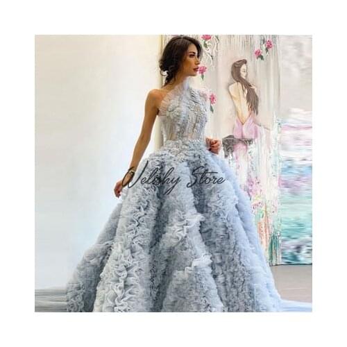 Lush Sky Blue Appliques Sequined 3D Flowers Tulle Dress Women Princess One-Shoulder Pleated A-Line Long Evening Prom Gownes