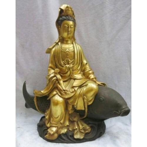 12' China bronze gild Buddhism one wishes Kwan-yin ride carp Sculpture Statue