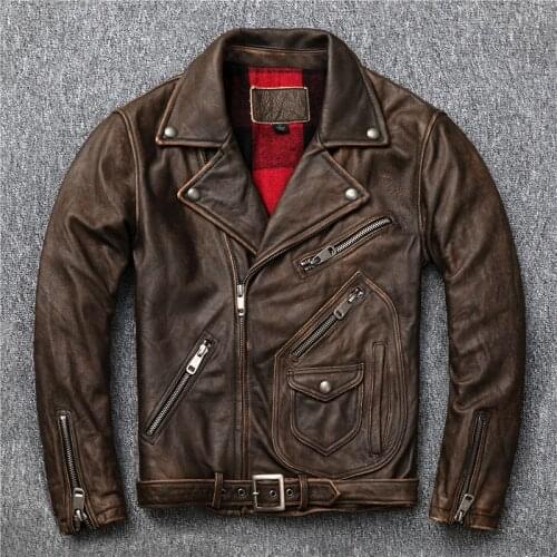 2020 Vintage Brown Men Motorcycle Jacket Plus Size XXXXL Genuine Thick Cowhide Slim Fit Leather Coat FREE SHIPPING