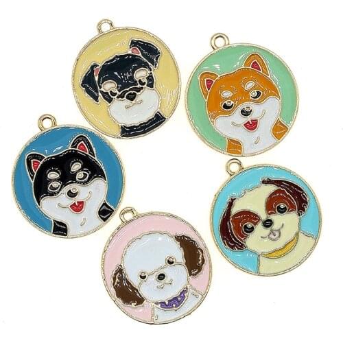 5pcs/lot 25mm Cute Animal Enamel Avatar Dog Round Pendant Charms Kawaii Necklace Bracelet Earring Small DIY Jewelry Findings
