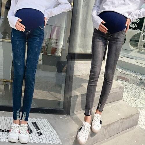 Pregnant womens pants spring models pregnant womens elastic stomach lift trousers tattered feet slim slimming pencil pants