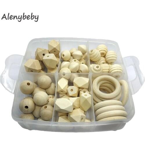 Wooden Round Beads Teether Chewable Organic Wood Ring Hexagon Threaded Teething Beads Necklace For DIY Craft Jewelry Making