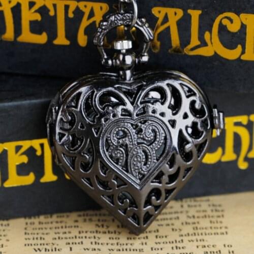 Black Hollow Carving Heart Shape Quartz Pocket Watches with Fob Chain For Gift Drop Shipping