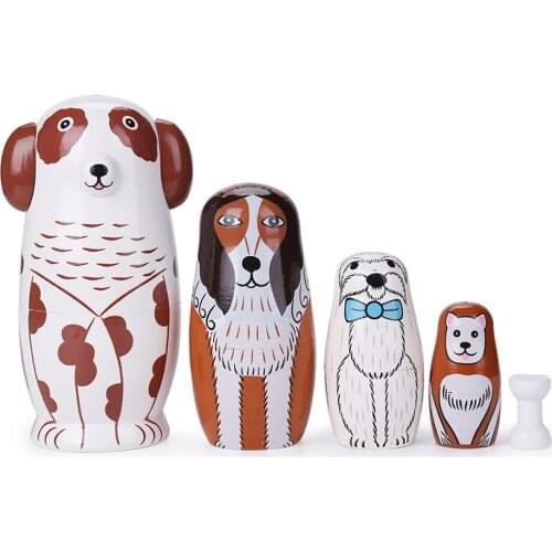 5pcs/Set Children Toys Dog Russian Nesting Dolls Wooden Russian Matryoshka Doll Creative Crafts for Kids Birthday Christmas Gift