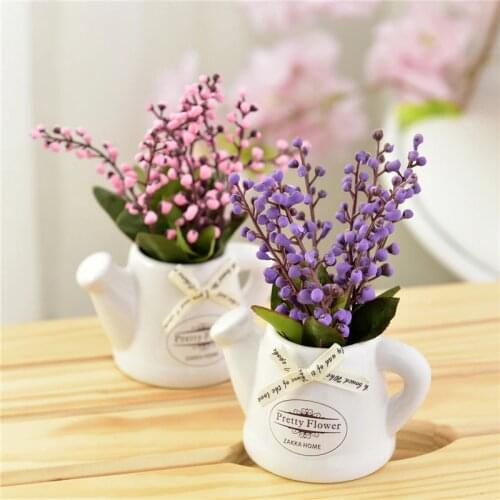 Artificial Flowers Potted Silk Orchid branch Bonsai Decorative Plant Wedding Decor with Ceramics Vase 1 set(plants+vase)