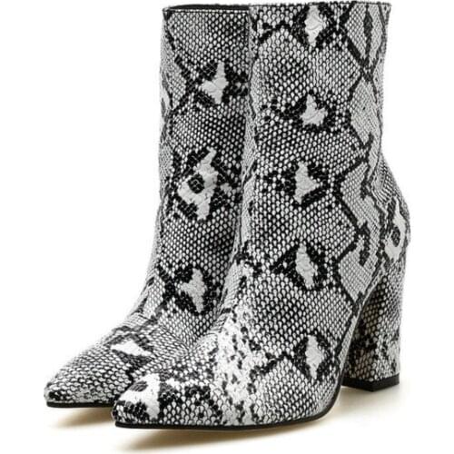 Patent Leather Women Mid Cut Boots Pointed Toe High Heel Boots Snake print Sexy Chelsea Boots Women Pumps Fashion Gold Silver