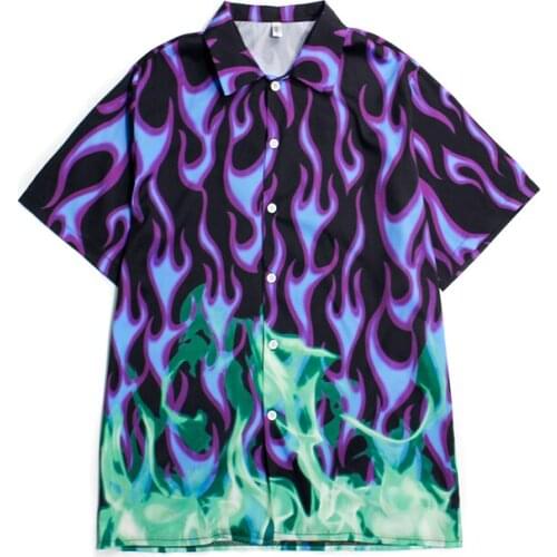 Summer streetwear hip-hop flame print hit color loose short-sleeved shirt for men and women