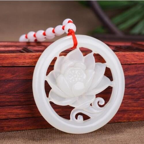 Hot Selling Natural Men Women Hand-Carved Fashion White Jade Hollow Flower Pendant Necklace Jewellery Gifts Unisex