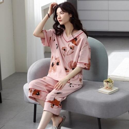 M-5XL Plus Size Lounge Wear Pajamas Women Fashion Print Sleepwear Short Sleeve Summer Home Clothes New Students Night Suit