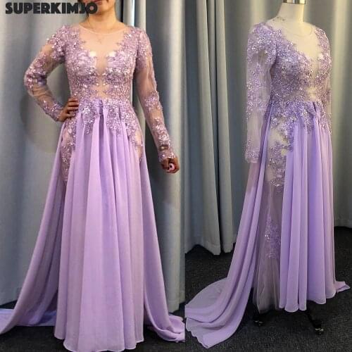 Real prom dresses 2020 lavender lace appliques beading sequins long sleeve mermaid chiffon long evening dresses