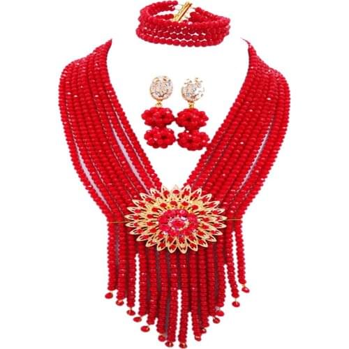 Opaque Red Nigerian Wedding African Jewelry Set Crystal Bridal Jewelry Sets Necklace Bracelet Earrings for Women 8SK04