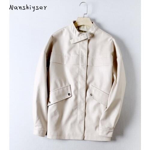 2021 Autumn Faux Leather Jacket Korean Loose Oversized Jaqueta De Couro Feminina Black Beige Casual PU Leather Motorcycle Coat