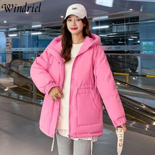 Windriel Winter Warm Parkas Hat Rope Fashion Jackets Hooded Slim Casual Big Pockets Cotton Padded Coat Female Solid Clothing