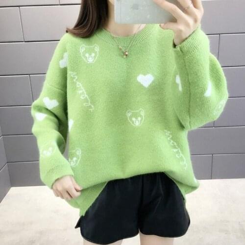 Spring Autumn Cute Heart Print Loose Pullover Sweater Women Korean Long Sleeve Knit Jumper Female Green Blue Yellow Fashion Top