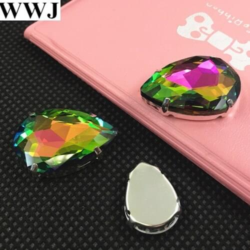 Rainbow Color Sew On Crystal Teardrop Fancy Stone With Metal Claw Setting 10x14mm,13x18mm,18x25mm,20x30mm