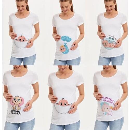 Pregnancy Shirt Maternity Cute Baby Print O-Neck Short Sleeve T-shirt Pregnant Tops Mama Clothes Baby Announcment Tshirt
