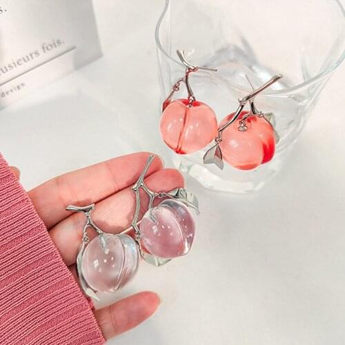 S925 Silver Needle Crystal Peach Stud Earrings Transparent Powder 3D Three-dimensional Fruit Asymmetric Earrings Fashion Jewelry
