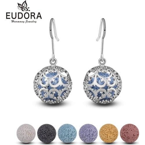 EUDORA 12mm Copper Celtics Flower Fashion Drop Earring with Lava Stone Ball Aromatherapy Essential Oil Diffuser Hook Earring R02