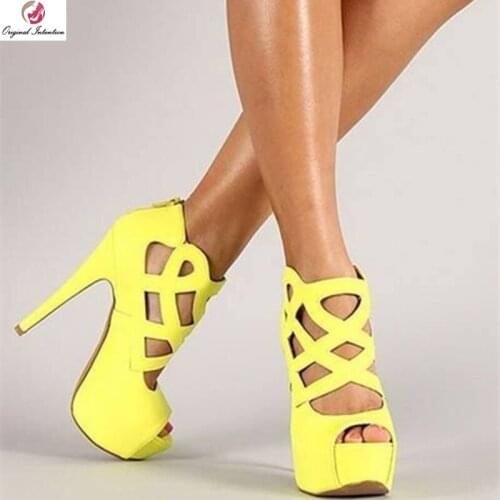 Original Intention Grace Women Pumps Platform Open Toe Slim High Heels Sandals High-quality Yellow Shoes Woman Plus Size 4-20