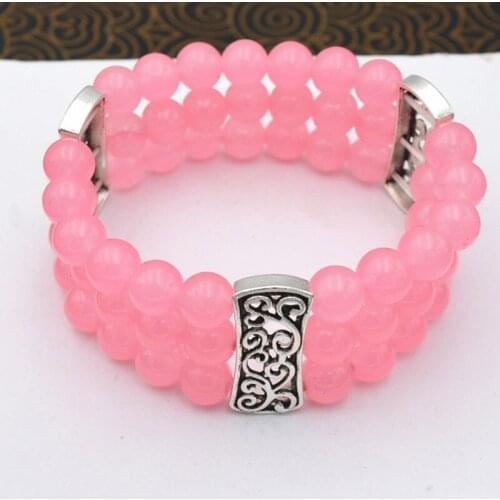 New Womens 3 row Natural 8mm Pink jades Beads Stretch Tibetan silver Bracelet>>>silver for women