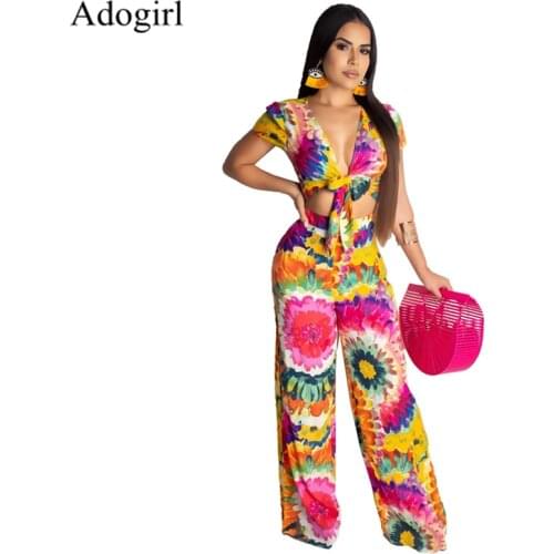 2 Two Piece Set Women Floral Print Lace up Crop Top and Long Wide Leg Pants Sets Short Sleeve Two Piece Set Womens suits