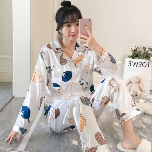 Womens 2021 spring pajamas set ice silk thin section cute long-sleeved two-piece pajamas with buttons pajamas hot sale pajamas