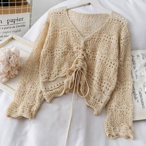 2021 Women Sweater Thin Loose Female Pullover Short V-neck Hollow Out Knitted Drawstring Three Quarter Sleeve Ladies Crop Tops