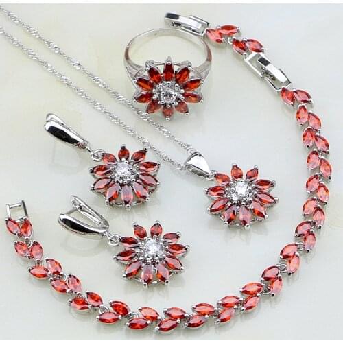 925 Silver Jewelry Sets Red Cubic Zirconia White Crystal For Women Wedding Flower Earring Indian jewelryNecklace Set