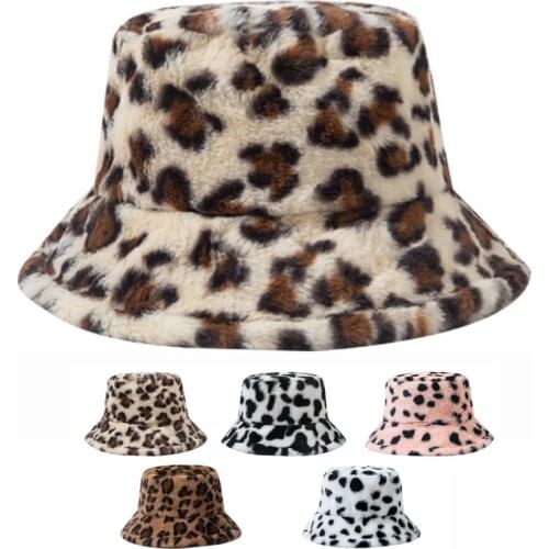 Winter Fall Leopard Fluffy Hat Faux Fur Bucket Hats Girl Plush Velvet Fisherman Bob Panama Newborn Baby Children Kids 0-2 Years