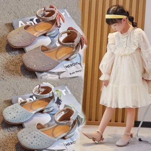 2021 Spring Summer Girls Shoes Children Half Sandals Glitter Leather Kids Crystal Sandals Bowtie Princess Chic Sweet Elegant Hot