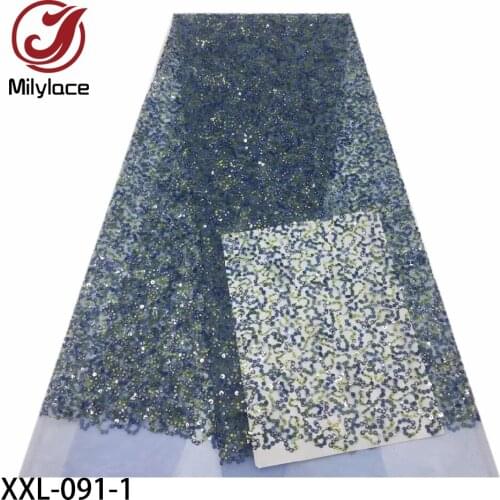 African Lace Fabrics Colored Sequins Embroidery High Quality French Net Lace Fabric for Wedding Dress XXL-091