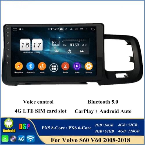 4gb+128gb CarPlay 9" PX6 Android 10 Car DVD Player for Volvo S60 V60 2008-2018 DSP Radio GPS Bluetooth 5.0 WIFI Easy Connect
