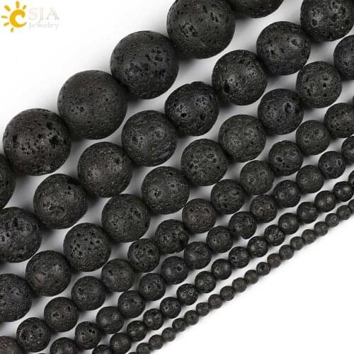 CSJA DIY Jewelry Making Round Natural Stone Black Lava Beads 4 6 8 10mm 12mm 14mm Volcanic Raw Material Necklace Bracelet E193