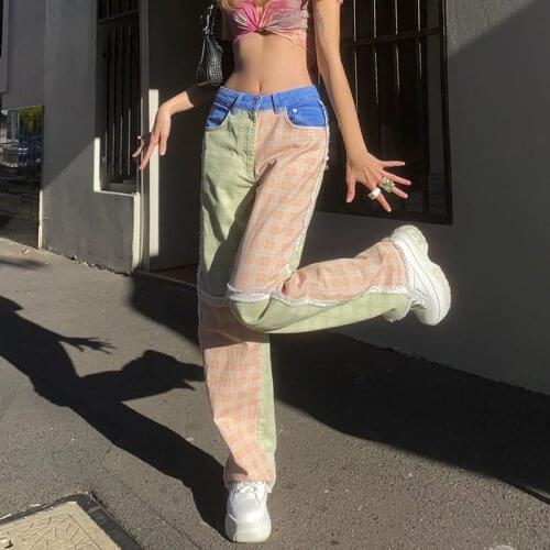 90S Aesthetic Harajuku Y2K Jeans High Waist Straight Bottoms Print Plaid Stacked Trousers For Girls 2021 Spring Autumn