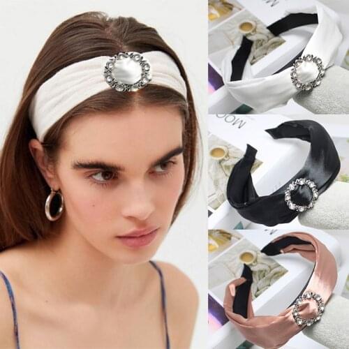 Hot Sale New Fashion Hairband Plain Color Fabric Silk Satin Crystal Headband Wide Cross Headbands for Women Hair Accessories