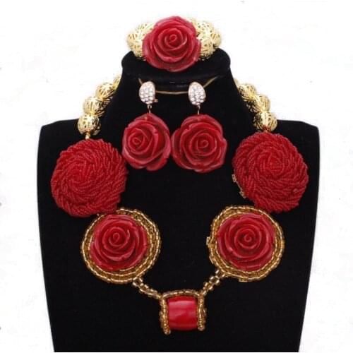 Dudo Red and Gold Dubai Jewelry Set For Nigeria With Red Coral Flowers Arabic Jewellery Set Origianl Design Accessories