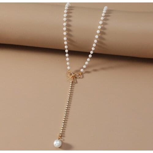 Korean fashion vintage pearl neck chains aesthetic beads bow long charms necklace womens accessories jewelry for girls