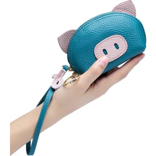 High Quality Real Cowhide Coin Purse Women Mini Hand Bag Genuine Leather Wallet Key Case Cartoon Cute Pig Female Credit Card Bag