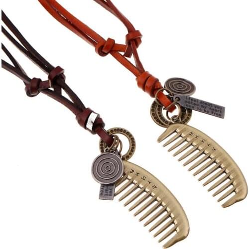 Fashion Vintage WOMEN MEN Hairstylist Leather Necklace Alloy Comb Pendant Choker Handmade Hairdresser Jewelry Long Sweater Chain