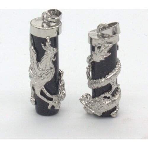 Trendy-beads Vintage Style Silver Plated Blue Sand Stone Cylinder Wrap Chinese Dragon Phoenix Pendant Charm Jewelry