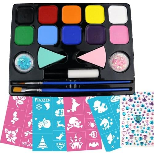 Bowitzki Face Paint Makeup Kit,10 colors 32 Stencils 2 Brushes Glitters 2 Sponges, Water Based Halloween Body Painting Set