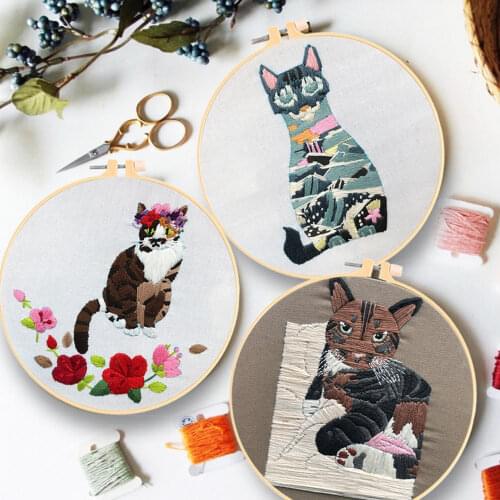 Beginner Children Handwork Embroidery Kit Animal Theme Pet Cat Needlework Cross Stitch Set DIY Hoop Thread Tools Material Pack